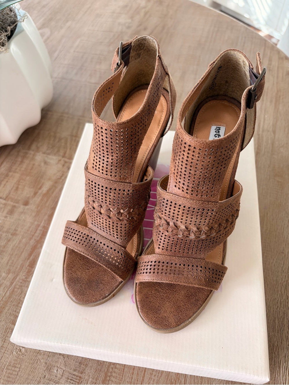 Not Rated Tan Perforated Braided Strap Block Heel Sandals